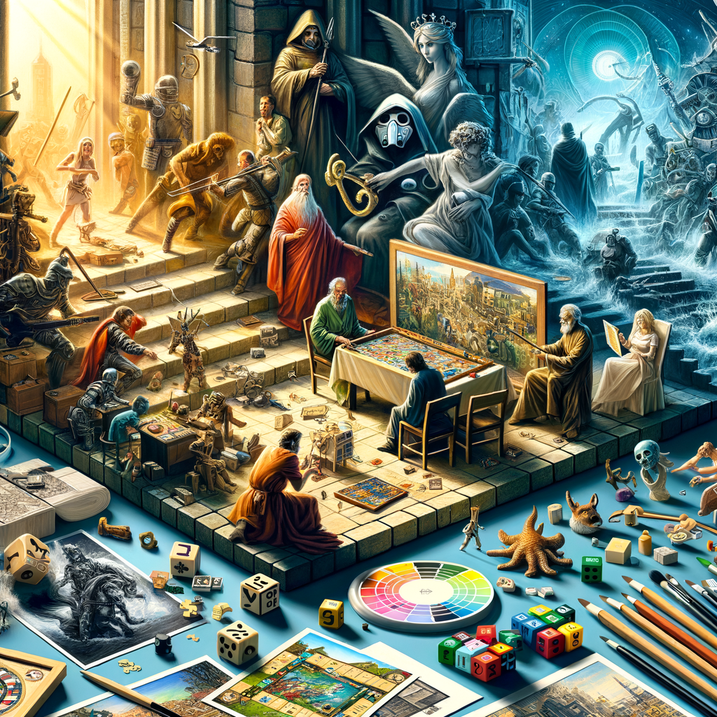 Collage highlighting the role of art in board games, featuring artistic board game illustrations, visual aesthetics in game design, and the impact of artwork on enhancing game experience.