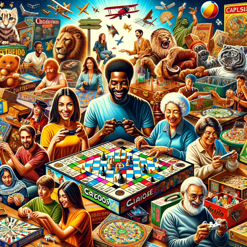 Vibrant collage of popular classic board games and new board games, symbolizing the board games revival, reintroduction of vintage games, and current board games trend.