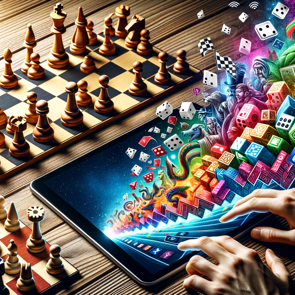 Modern board games transitioning into digital board games on a tablet, highlighting the evolution of board games in the digital age, hybrid gaming experiences, and digital gaming trends.