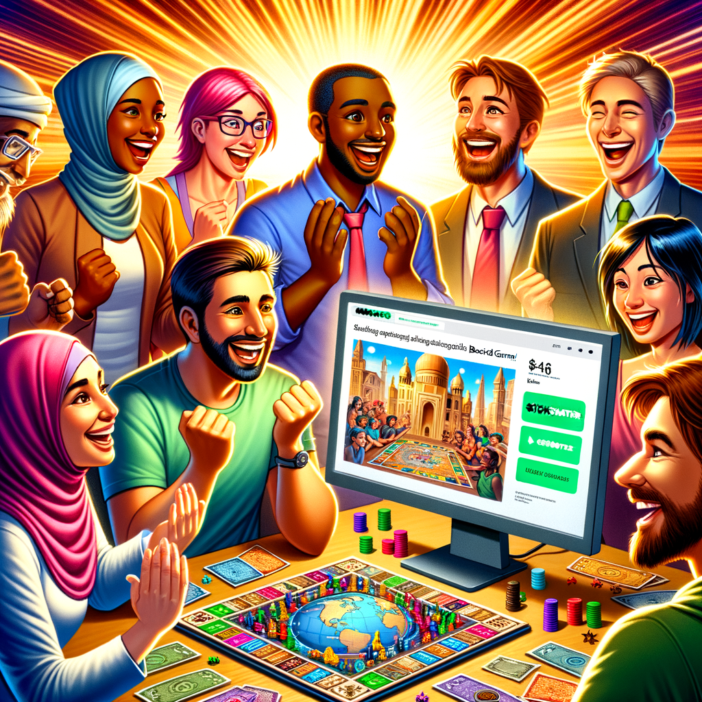 Diverse group excitedly playing board games, with a successful Kickstarter board game crowdfunding campaign on a computer screen in the background, illustrating the positive impact of crowdfunding in the board game industry.