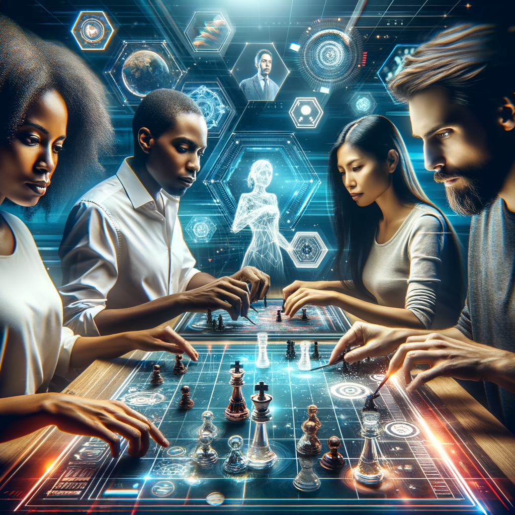 Diverse group of people engaged in a futuristic board gaming session, showcasing future board game technology, board gaming industry trends, and innovations in digital board gaming for the future of tabletop gaming.