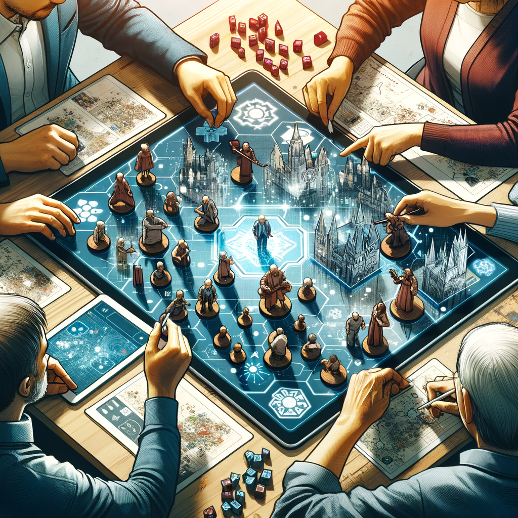 Players deeply engaged in the innovative Descent: Legends of the Dark game, showcasing the blend of traditional and digital board game elements, highlighting modern board game technology and digital game enhancements.
