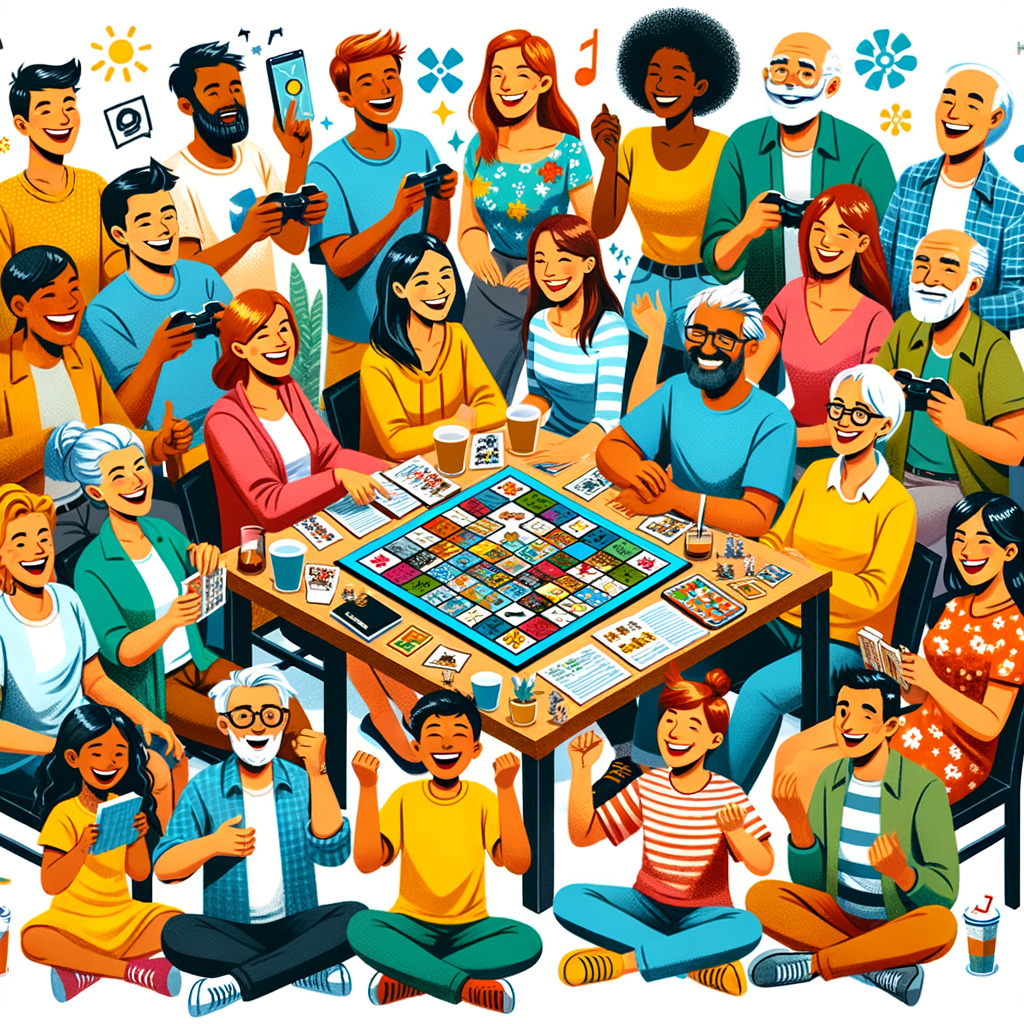 Diverse group joyfully playing modern inclusive board games, celebrating diversity and inclusivity in gaming