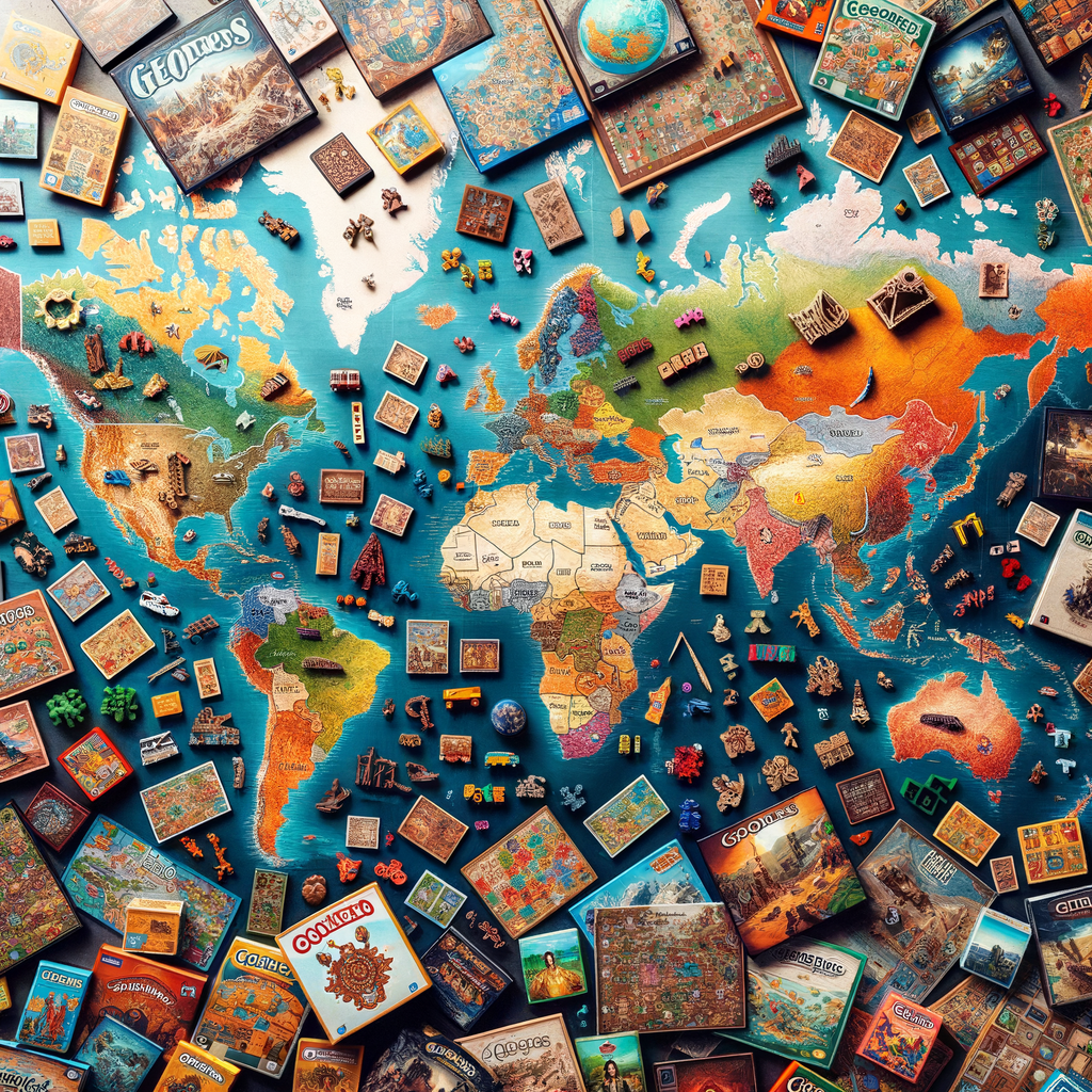Cultural board games spread across a world map, illustrating the concept of learning geography through games, promoting cultural understanding and highlighting the colorful, educational aspect of world geography games in tabletop games culture.