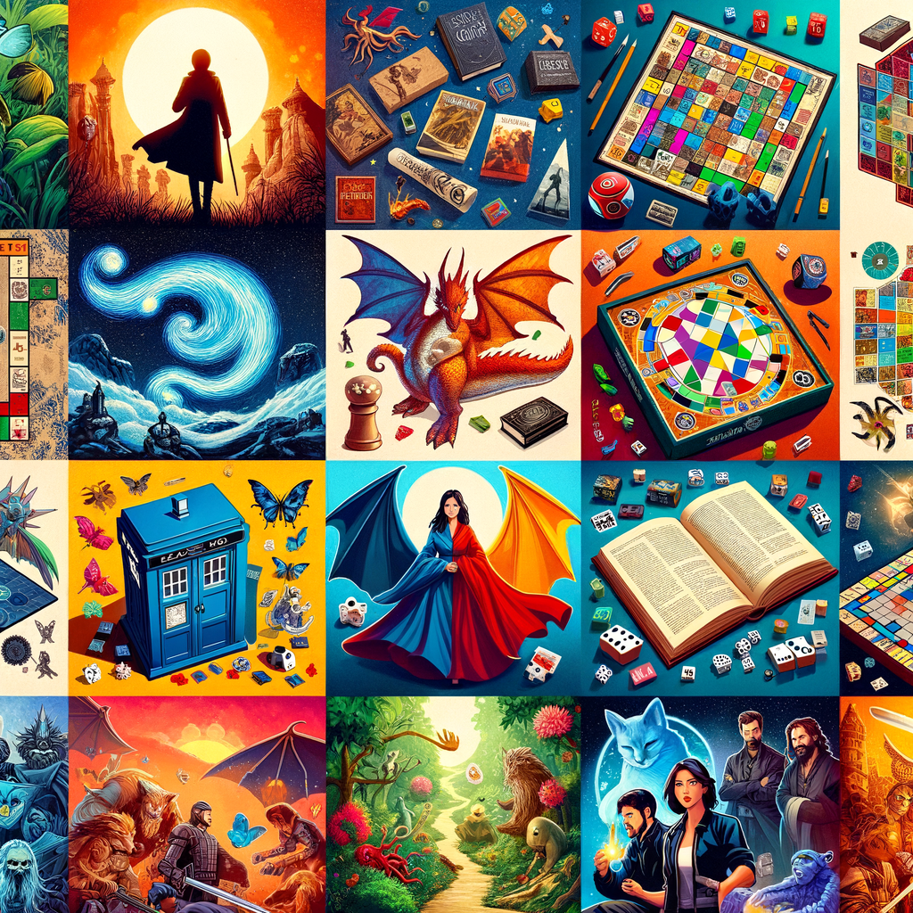 Collage of modern board games inspired by literature, showcasing the influence of literary themes on board game design for the fusion of gaming and literary culture.