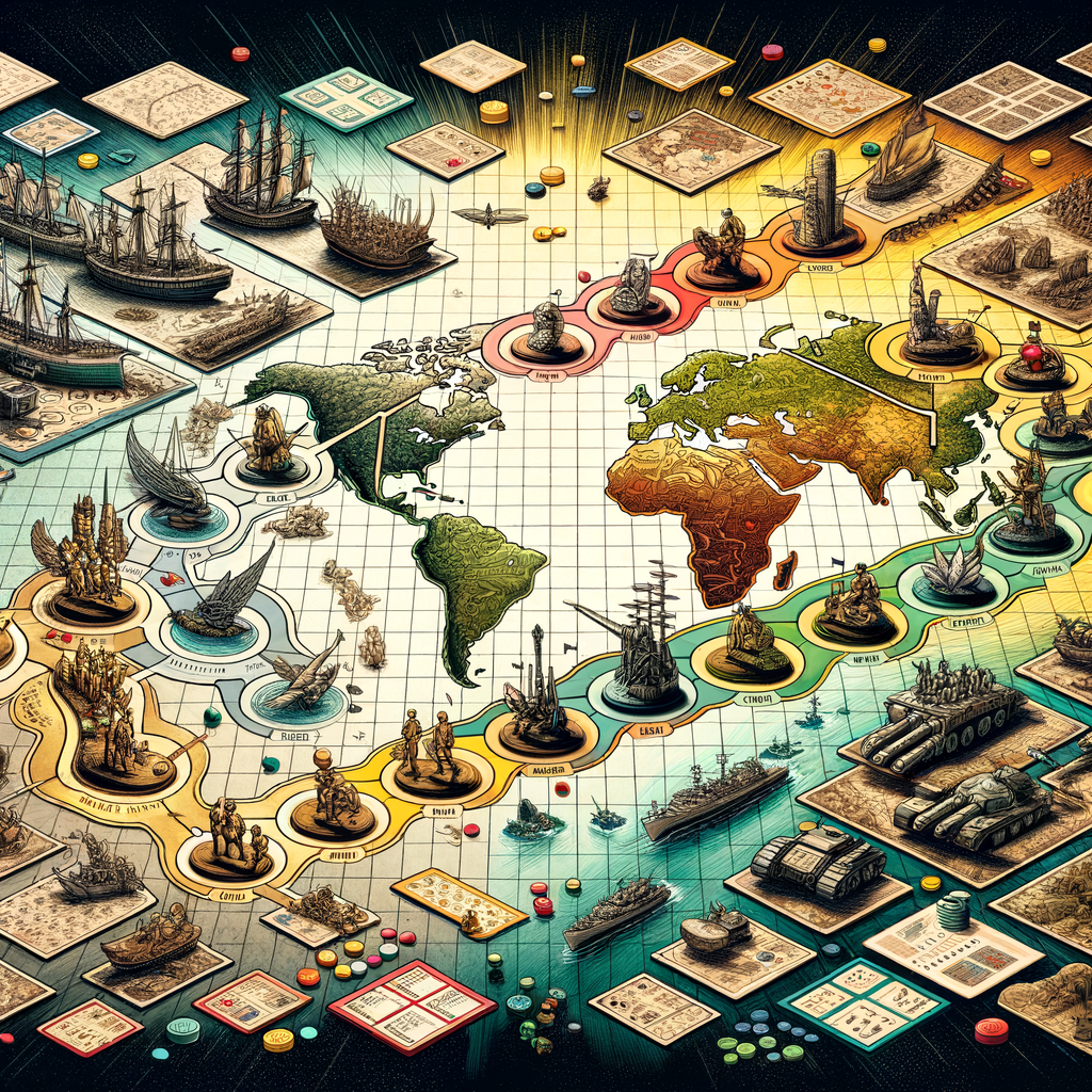 Visual representation of the evolution of board game strategy, depicting the transition from Risk board game to complex war games, highlighting the history and tactics in strategy board games.