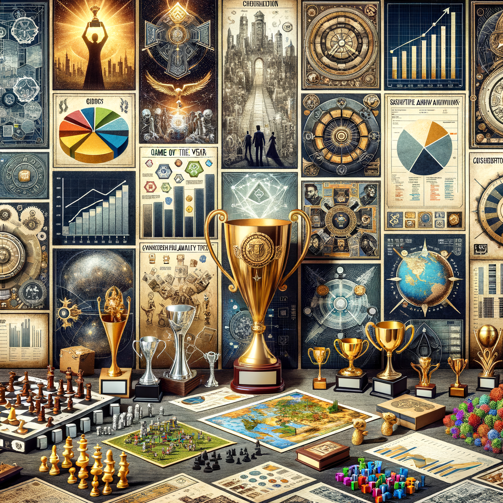 Collage illustrating the growth and impact of awards on the board game industry, featuring award-winning games, recognition trophies, and industry trend graphs.
