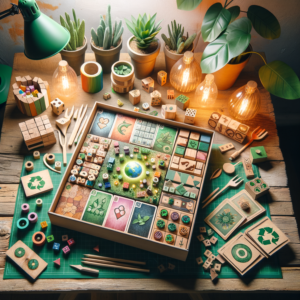 Eco-friendly board games and sustainable tabletop games displayed on a reclaimed wood table, highlighting green board games, environmentally friendly games, and sustainable game production for an eco-conscious lifestyle.
