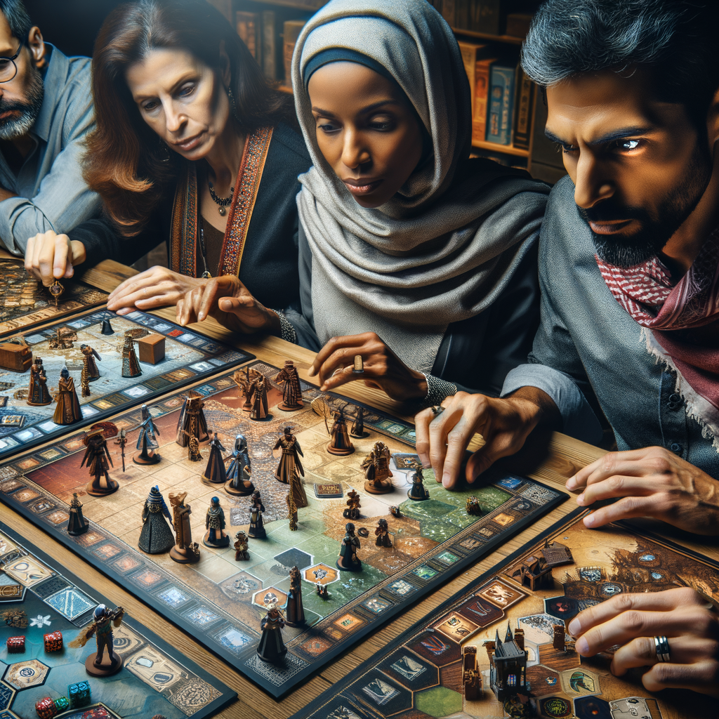 Players strategizing their moves in a variety of thematic board games, highlighting the importance of theme in enhancing board game play experience and the role of strategy in board game mechanics and design.