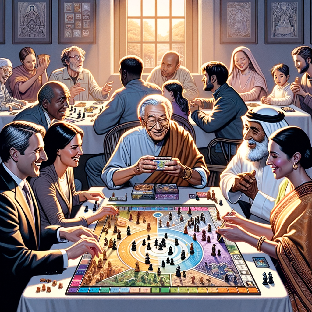 Enthusiastic group of diverse individuals playing a Legacy board game, symbolizing the evolution and rising trend of Legacy games in creating ongoing tabletop stories.