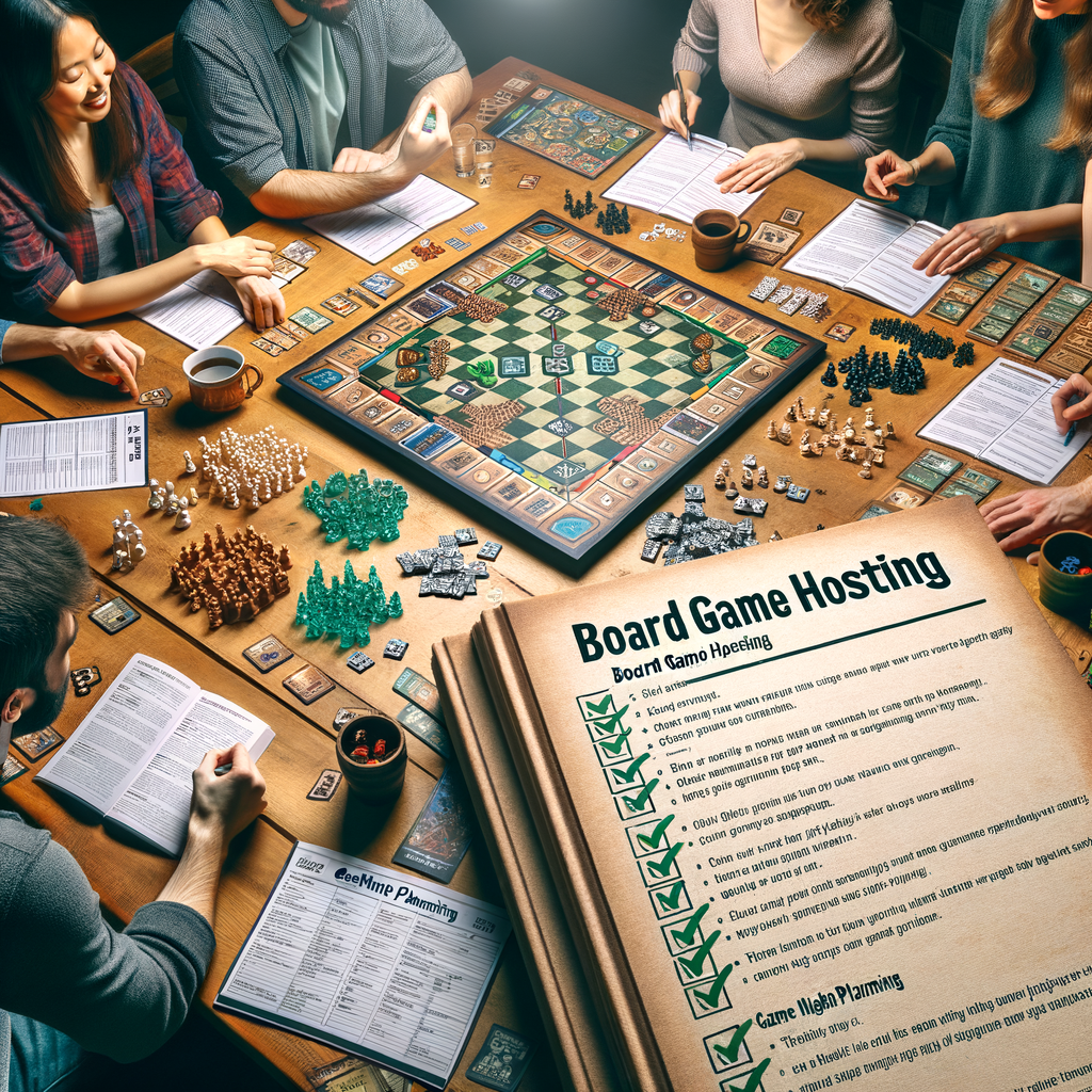 Diverse group engrossed in a strategic board game during a well-organized game night, showcasing successful game night tips, board game hosting guide, and game night planning checklist for improving board game nights.