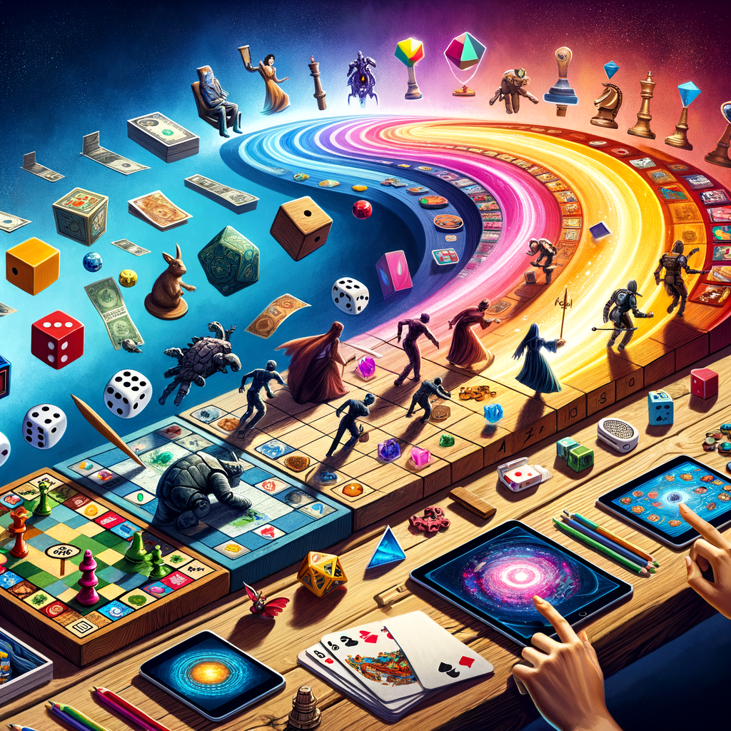 Vibrant transition of popular tabletop games into digital board games on various screens, symbolizing the online adaptation of board games to screen.