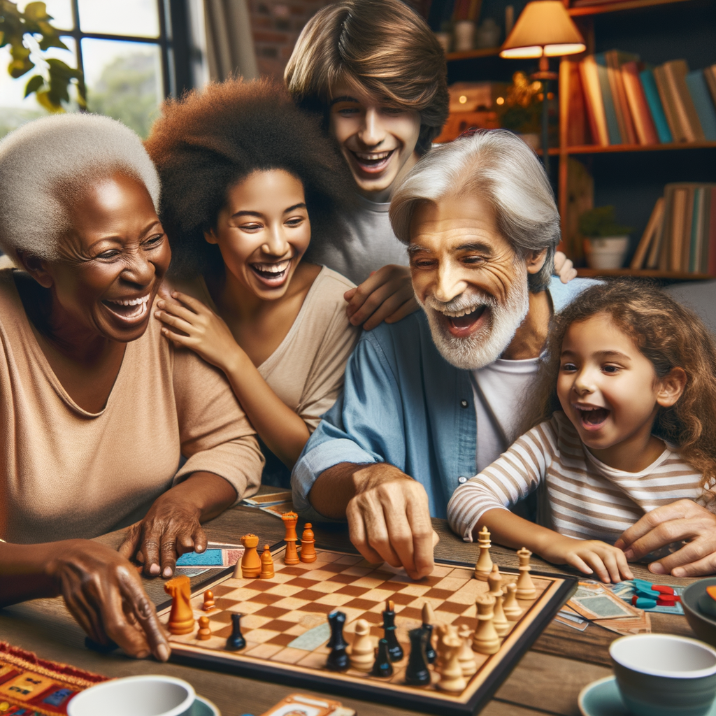 Joyful family of all ages bonding over a lively board game night at home, illustrating the social interaction and benefits of board gaming for family relationships and social development.