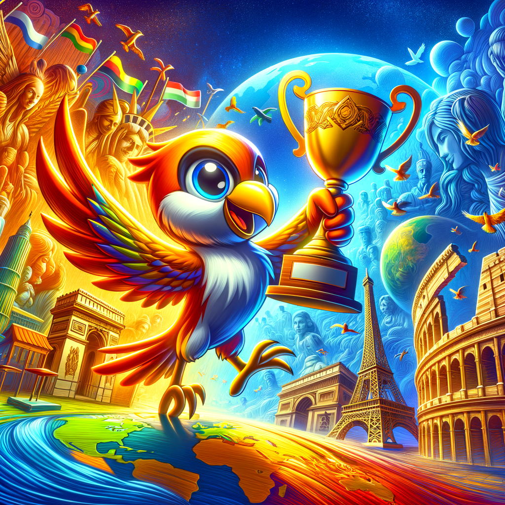 Triumphant bird character celebrating bird-themed game success with a trophy, symbolizing bird game world domination and the global popularity of bird games.