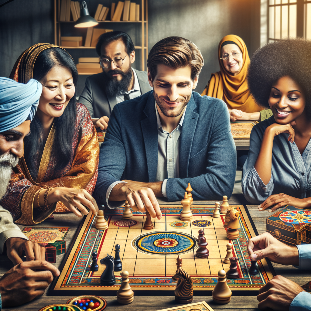 Diverse group engaged in playing historical tabletop games, creating a lively atmosphere for learning history through games, symbolizing a time machine journey in an interactive history education setting.