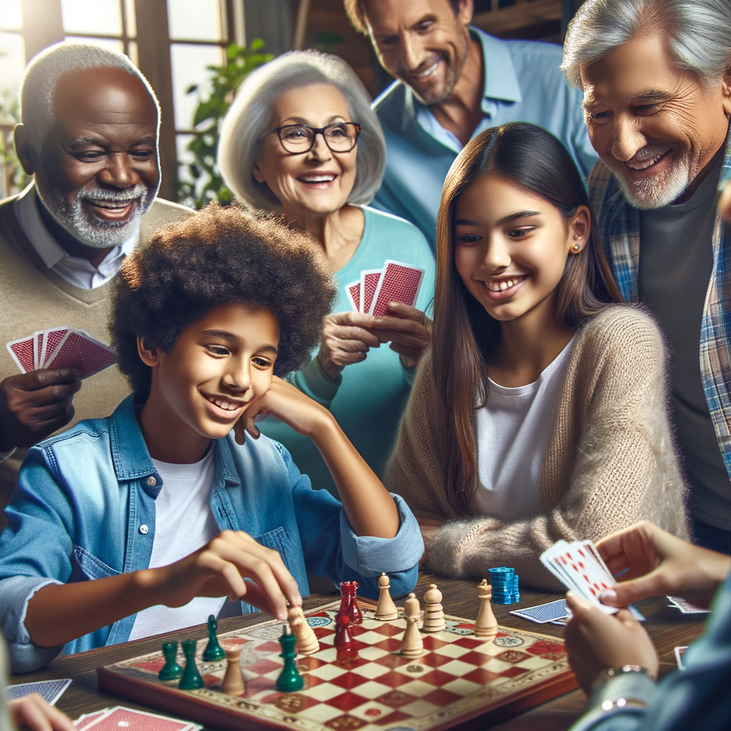 Multi-generational family bonding over a board game, illustrating the social benefits of board games in bridging generational gaps and enhancing communication and social skills.