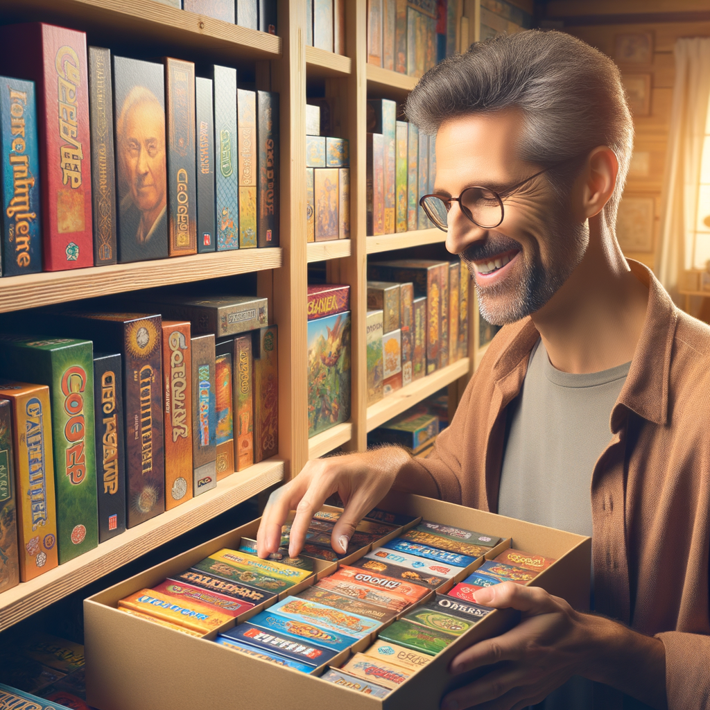 Joyful collector expanding diverse board game collection on wooden shelves, illustrating the joy of collecting board games and offering tips for building a personal board game library.