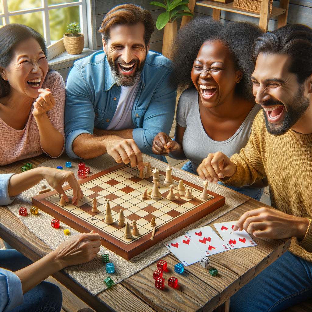 Diverse group of adults enjoying popular party board games, illustrating the fun and social nature of these indoor group games for both large and small groups.