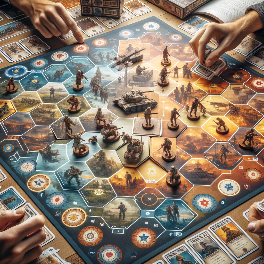 Players engrossed in Undaunted: Stalingrad deckbuilding historical game, showcasing strategic battlefield, game pieces, and cards for intense war strategy in this Stalingrad strategy board game from the Undaunted game series.
