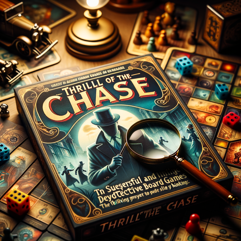 Popular mystery and detective board games spread out on a table, magnifying glass highlighting 'Thrill of the Chase' game for a board games review and analysis, showcasing the best detective board games strategies.