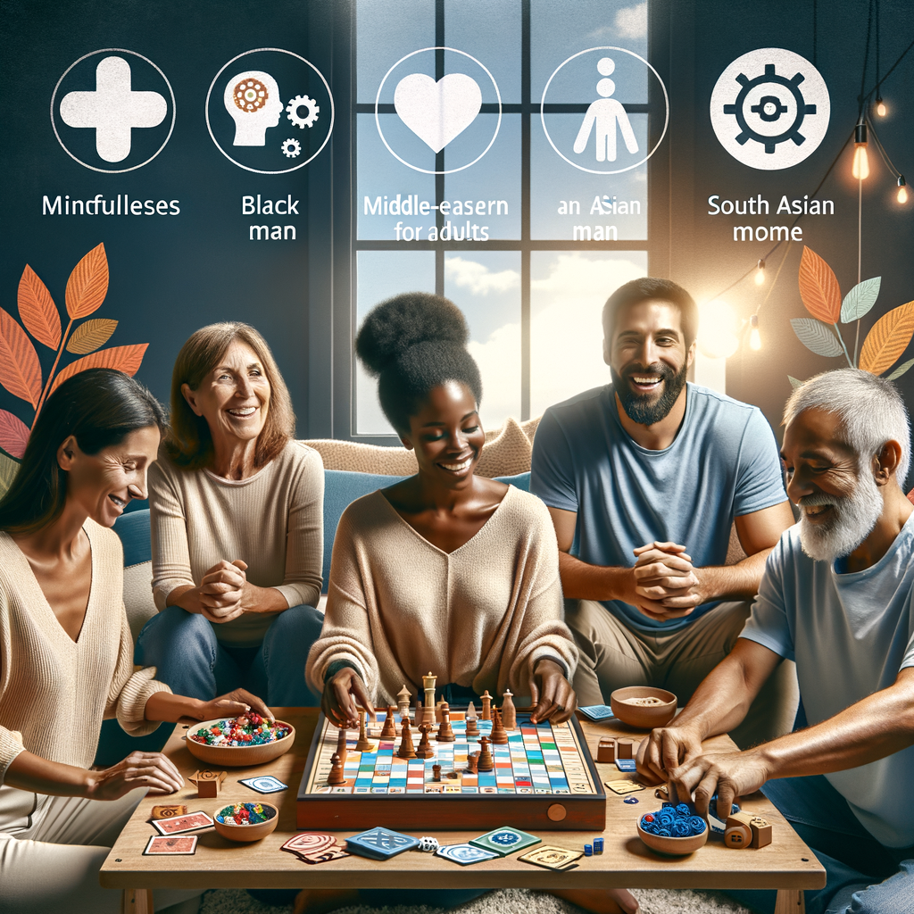 Diverse adults enjoying therapeutic board games for stress relief, illustrating mental wellness through games, play therapy for adults, and the benefits of mindfulness board games for mental health.